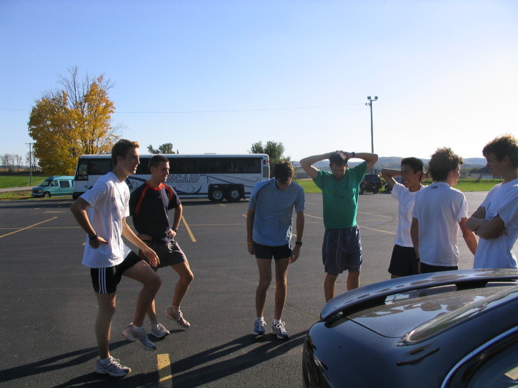 Sorensen, Fortin, Kennedy, Neil, Justin Chung, Lacey, McNeish streching before Jim Drews