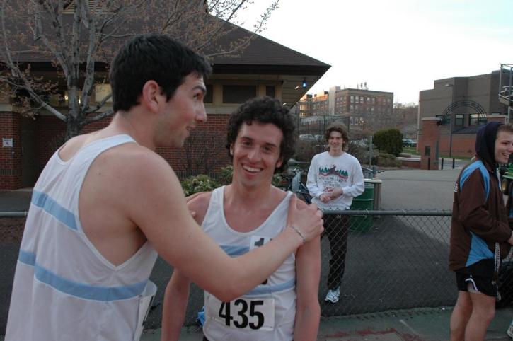 Mike Don congratulates Matt Lacey on his new 5k pr (14:34).  Don also pr'ed, running 15:15.