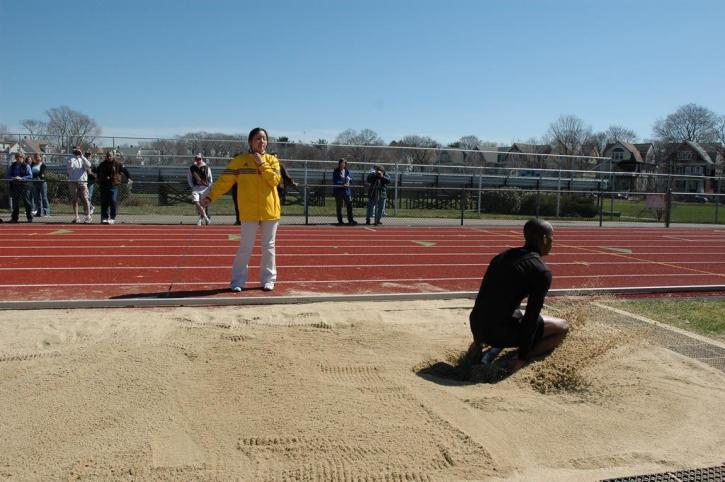 Fred Jones lands a jump well over 7 meters